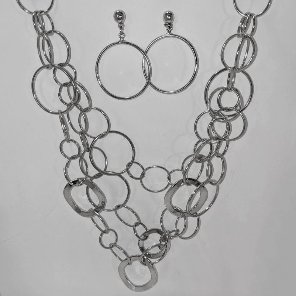 Geometric Multi Chain Statement Necklace Earrings - Picture 1 of 7